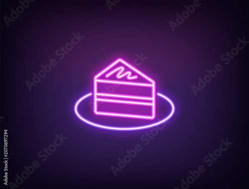 Outline neon cake piece, violet magenta. Neon cake slice with cream on plate, chocolate pie. Festive sweet dessert, birthday cake, cheesecake piece, holiday pie slice, sweet bakery. Vector