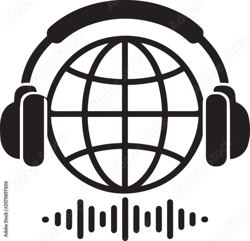 Black icon of a global earth globe with headphones and sound wave frequency graphic