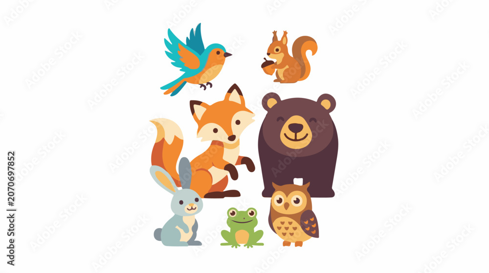 Fototapeta premium A colorful illustration of seven animals and one bird on a white background