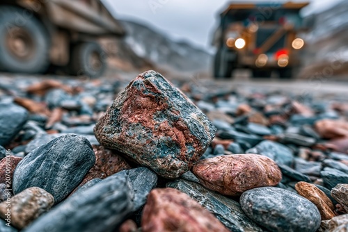 Large rock sits on gravel road with mining truck in the background during overcast day
