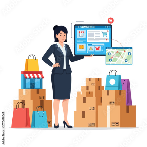 Businesswoman with E-commerce interface and shopping bags, online shopping concept