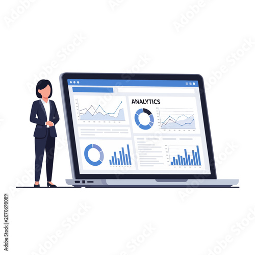 Businesswoman with Laptop Displaying Analytics Charts and Graphs