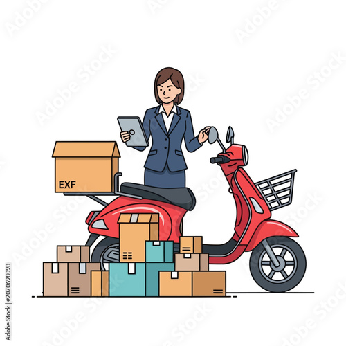 Businesswoman with scooter and delivery packages, logistics concept illustration