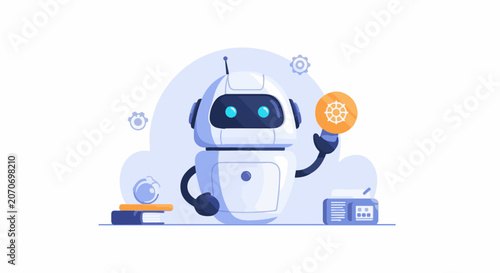 A robot holds an orange circle with a white logo