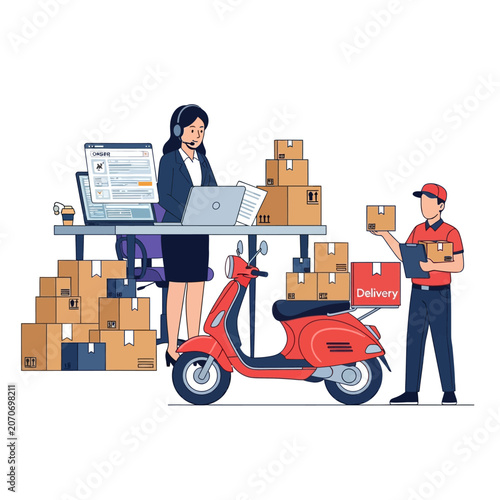 Delivery Service Woman Customer Support and Courier with Scooter and Boxes