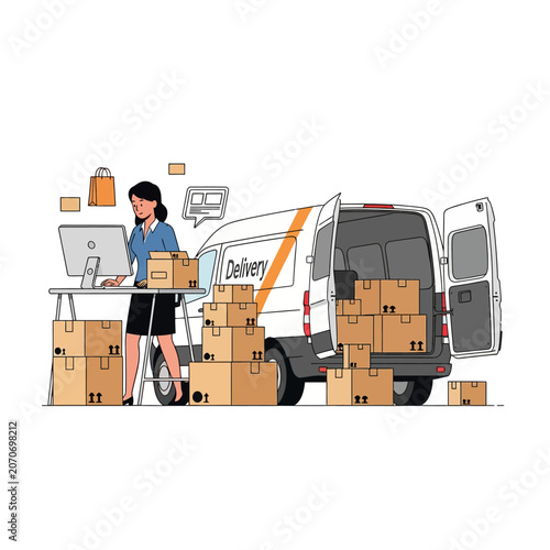 Delivery Service: Woman Organizes Packages for Shipping Van