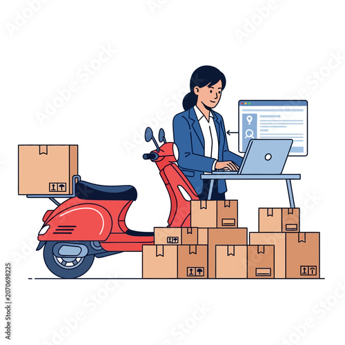 Delivery service woman with scooter and packages using laptop