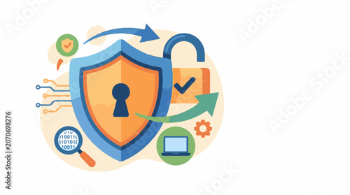 A shield and padlock with icons representing security and technology