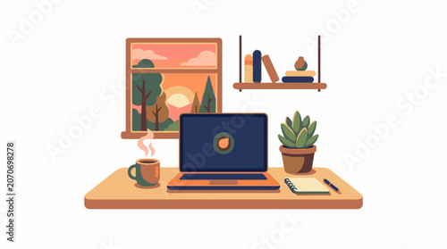 A serene workspace with a laptop, coffee, plant, and notebook on a desk