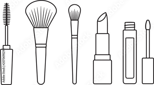 Set of makeup tools and cosmetic products in a simple black and white line art style