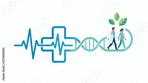 A stylized ECG line merges with a cross and DNA double helix, symbolizing healthcare