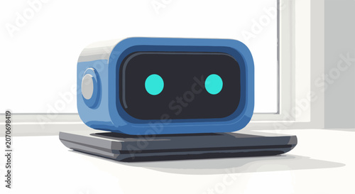 A small blue robot with glowing eyes sits on a tablet