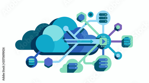 A stylized illustration of a cloud with variously colored lines and servers