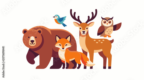 A stylized illustration of a bear, fox, deer, owl, and bird in a group