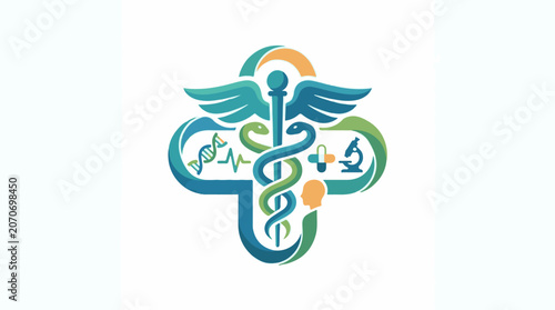 A stylized medical symbol, incorporating a staff with wings and various medical icons