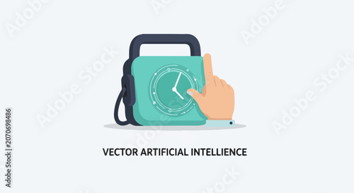 A teal briefcase with a clock on it being pointed by a hand