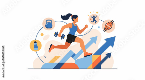 A woman in athletic wear runs up a blue and orange graph with symbols around her