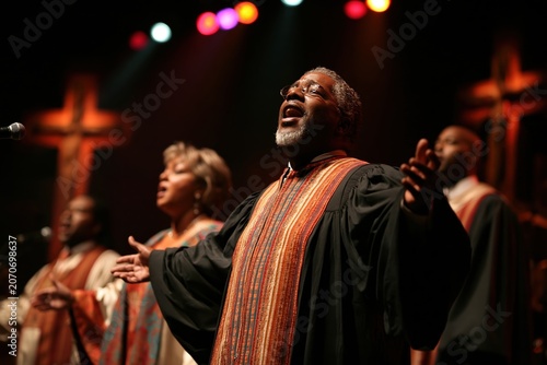 Community members sing together during a church service in a lively setting with bright stage lights