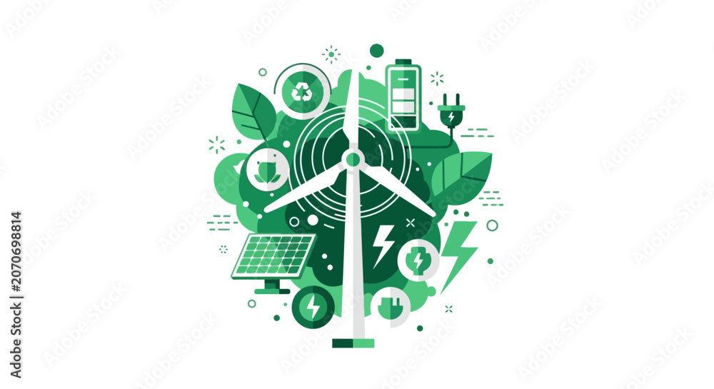 Obraz premium Sustainable Renewable Energy Concept Illustration with Wind Turbine, Solar Panels, and Green Tech Icons on White Background