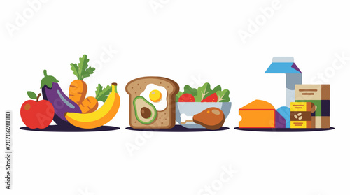 Colorful illustration of fresh produce, healthy meals, and grocery items on white background