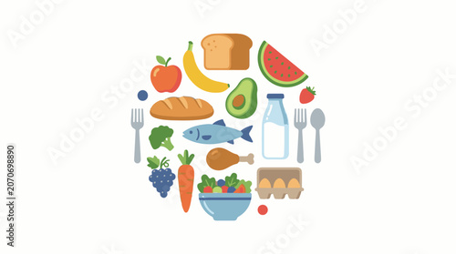 Colorful illustration of various food items arranged in a circle