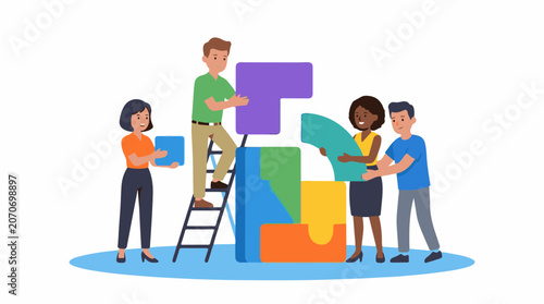 Illustration of four people building a giant puzzle together