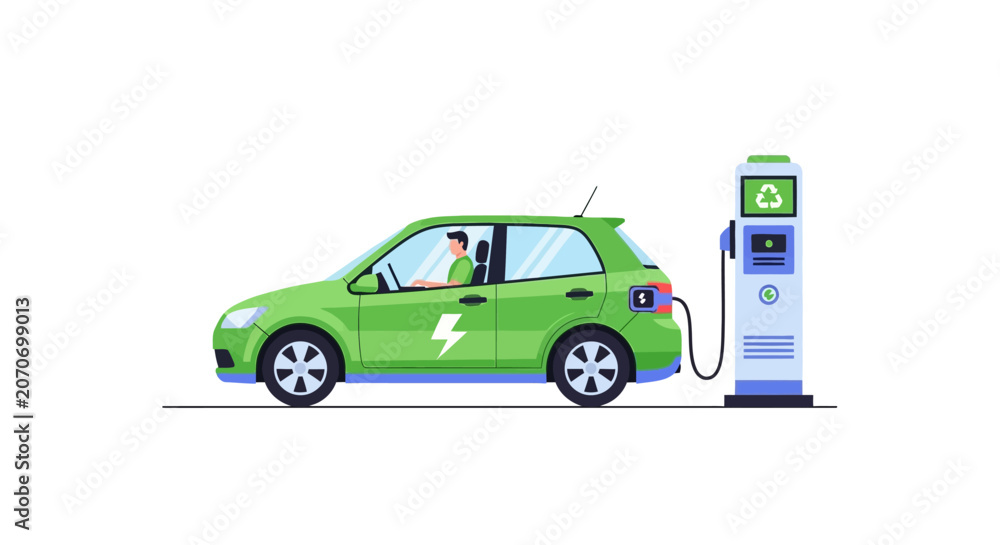 Naklejka premium Man Sitting in Green Electric Car Charging at EV Station, Eco-Friendly Transport and Sustainable Energy Vector Illustration