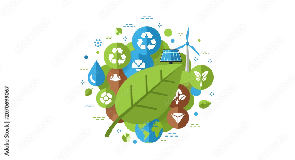 Fototapeta premium Ecology and Sustainability Concept Vector Illustration with Green Energy Icons, Solar Panels, Wind Turbines, and Recycle Symbols