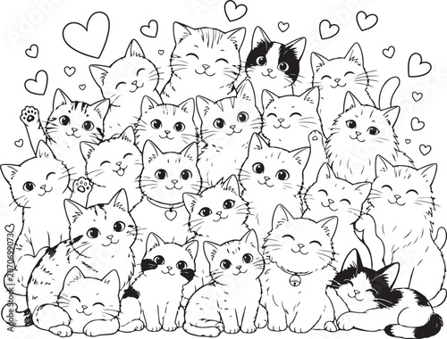 Group of cute little kittens and hearts in a fun line art drawing for coloring page