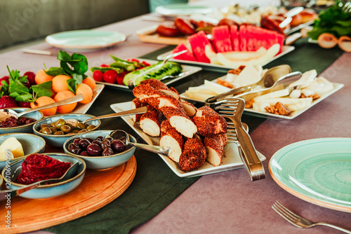 traditional turkish breakfast feast with rich variety on table photos series