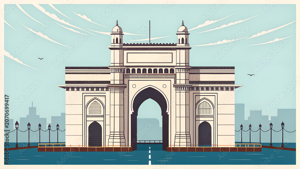 Obraz premium Gateway of India, Mumbai, modern vector illustration, limited color palette, flat architectural detail, crisp lines