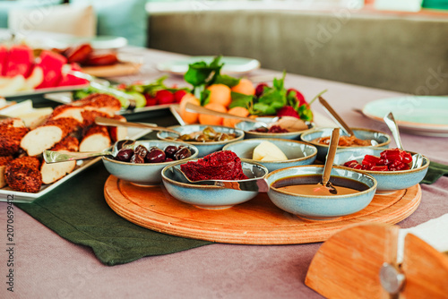 traditional turkish breakfast feast with rich variety on table photos series