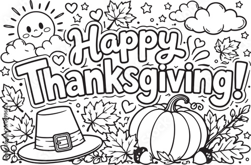 Happy Thanksgiving coloring page for kids with pumpkin and pilgrim hat illustration