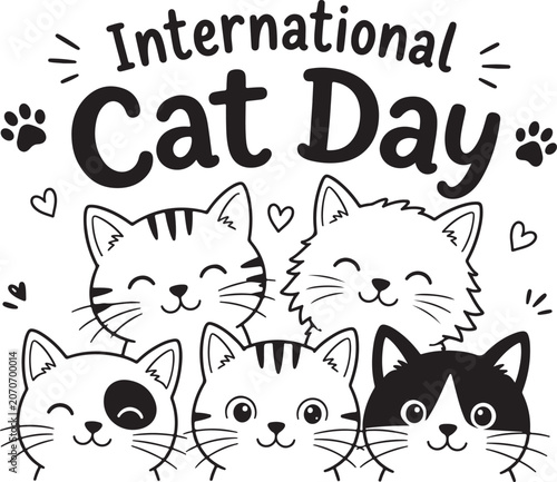 International Cat Day Hand Drawn Illustration With Cute Smiling Kittens And Hearts