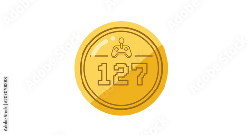 Golden Game Coin with Controller Icon and Number 127, Digital Art