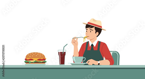 Man in hat eating food at table with burger and soda
