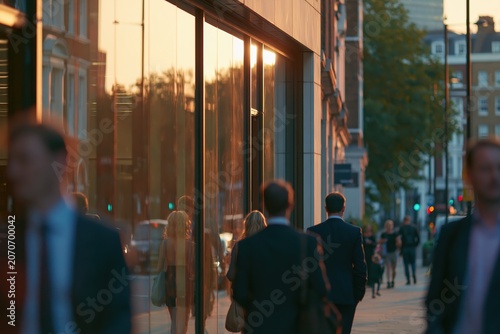 People walk along a city street during sunset near office buildings with glass windows reflecting warm colors