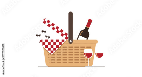 Picnic Basket with Wine and Ants, Summer Outdoor Food Concept
