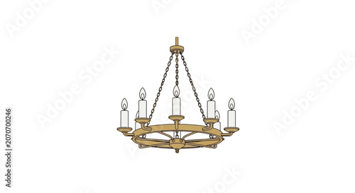 Rustic Chandelier with Candles on White Background