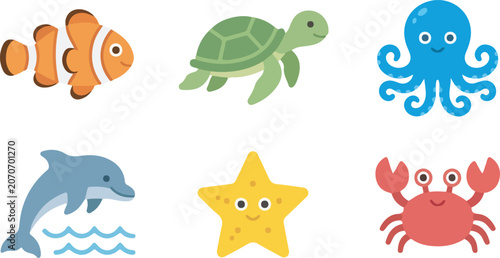 Canvas Print Cute Sea Creatures Vector Illustration Set for Marine Life Designs