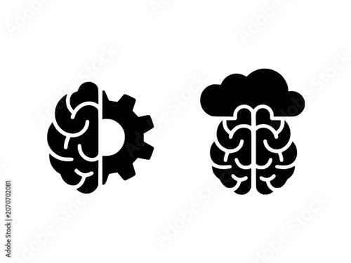 Black and white illustration of brain with gear and cloud symbol
