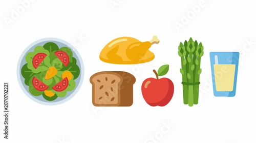 A colorful illustration of a plate of salad, a slice of bread, a chicken, an apple, asparagus, and a glass of juice