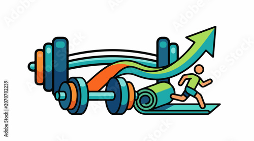 A colorful illustration of a person running on a mat next to a dumbbell and an arrow