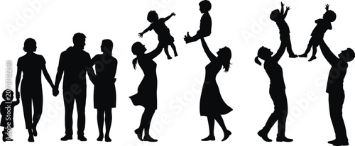 Slika na platnu Large set of black family silhouettes featuring parents walking with children and lifting babies, representing love, happiness, and togetherness isolated on white background
