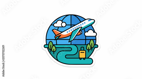 A colorful illustration of a plane flying over a globe with a road and luggage