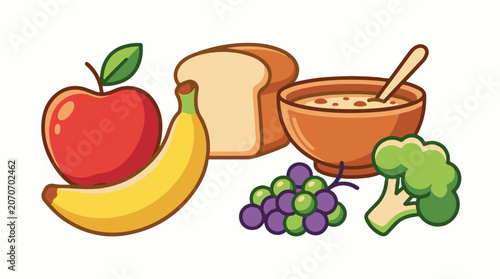 A colorful cartoon illustration of a healthy meal arrangement