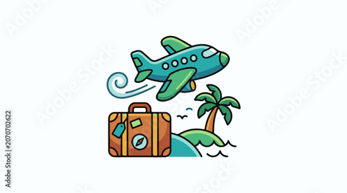 A cartoon airplane flies over a suitcase and tropical island