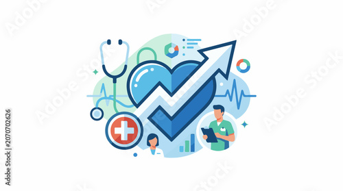A blue heart with a white and blue arrow pointing up, surrounded by medical icons