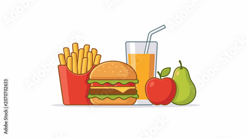 A cartoon illustration of a fast food meal with a burger, fries, a drink, an apple and a pear