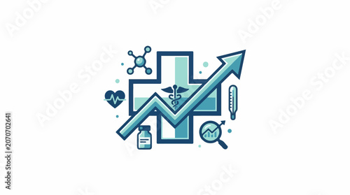 A blue medical cross with graph and symbols